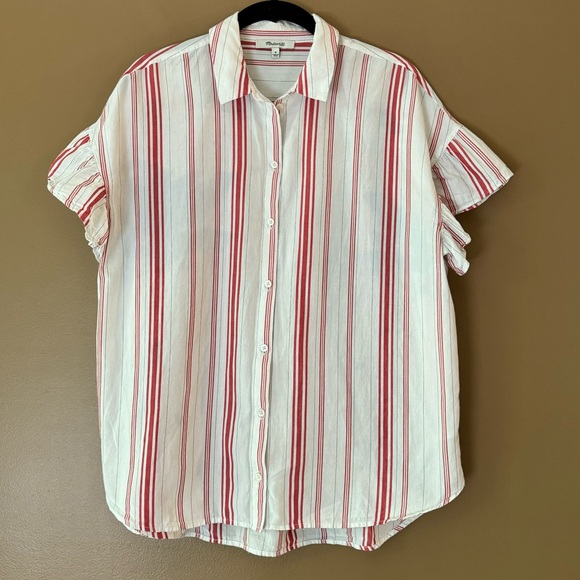 Madewell Button Front Short Cap Flutter Sleeve Top Red White Striped Medium - Picture 5 of 10